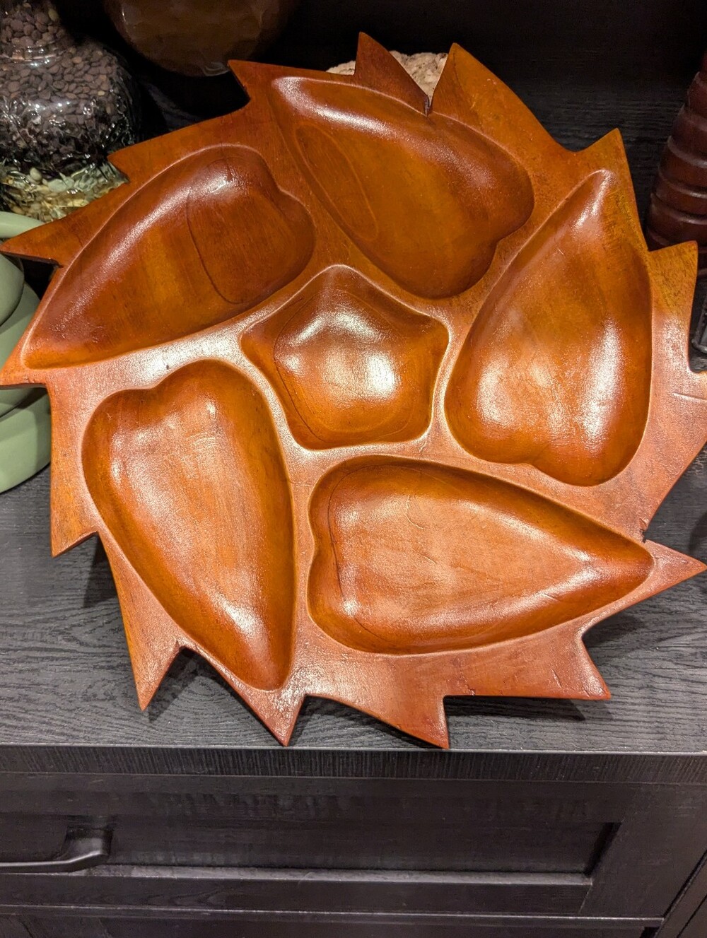 Vintage Monkey Pod Wooden Leaf Snack Server Tray MCM Haiti
